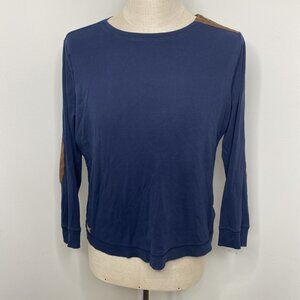 Ralph Lauren Womens 1X Navy Blue Top Zipper Brown Elbow Patch Equestrian Shirt